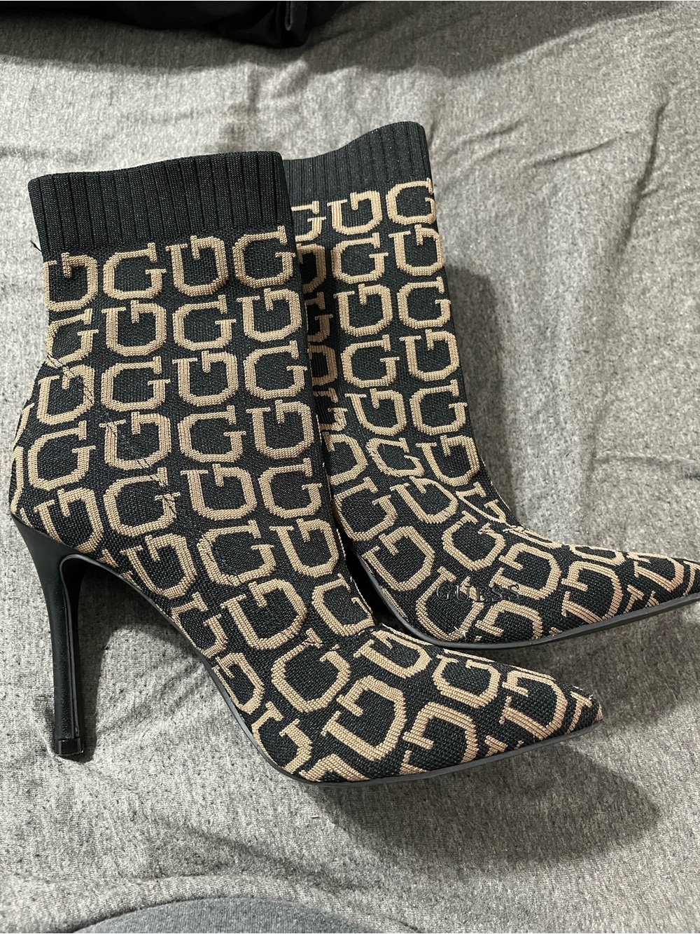 Guess Black and Beige Logo Sock Heel Ankle Boots
